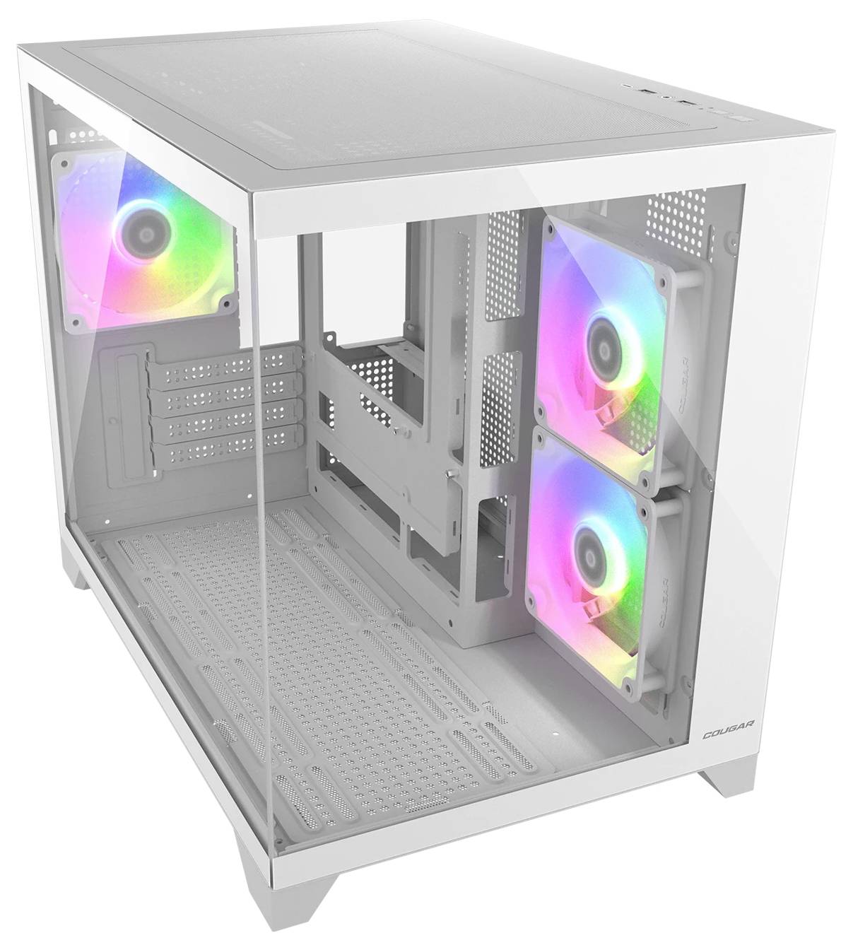Ein weißes Computergehäuse mit einem transparenten Seitenfenster, das drei RGB-Lüfter im Inneren zeigt und seinen geräumigen Innenraum sowie sein modernes Design präsentiert.