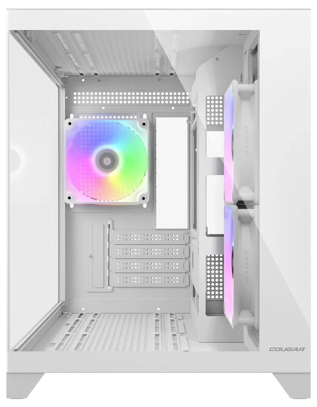 Ein weißes Computergehäuse mit einem transparenten Seitenpanel, das drei RGB-Lüfter im Inneren zeigt, die mehrfarbige Lichter ausstrahlen.