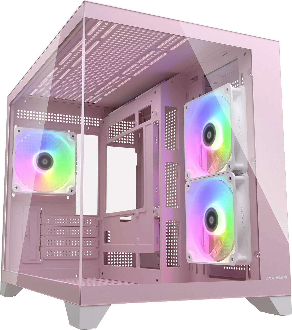 Ein rosa Computergehäuse mit transparenten Seitenpanels und drei montierten RGB-Lüftern, die farbenfrohes Licht ausstrahlen.