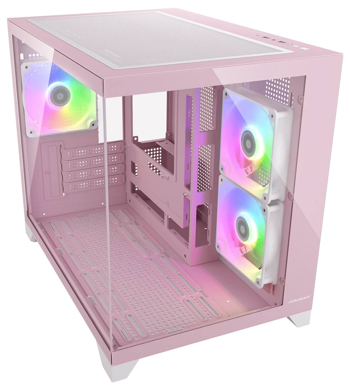 Ein pinker Computergehäuse mit transparenten Seiten- und Deckplatten, ausgestattet mit bunten LED-Lüftern an der Rück- und Vorderseite zur Kühlung und für ein ästhetisches Erscheinungsbild.