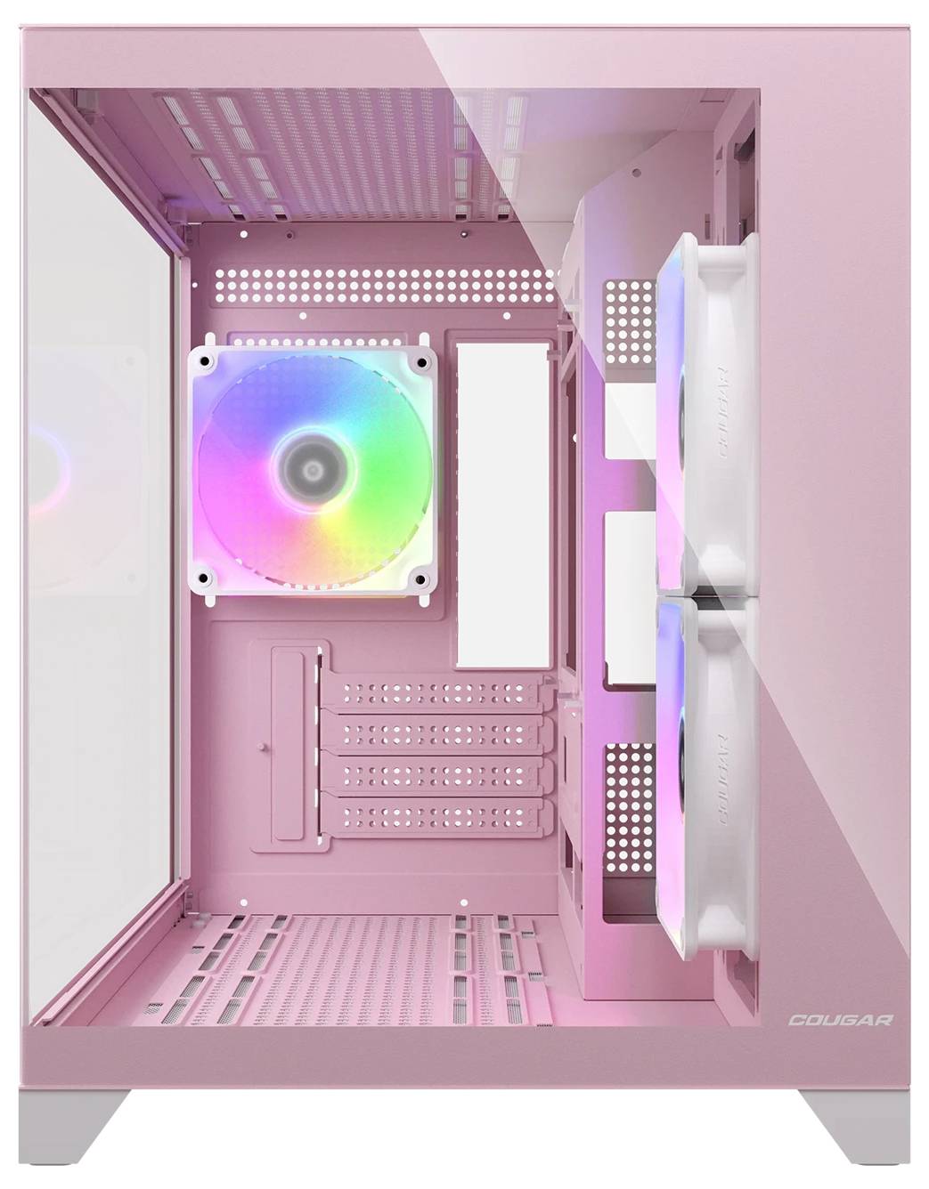 Ein pinker Computergehäuse mit einer transparenten Seitenscheibe, die im Inneren installierte bunte LED-Lüfter zeigt.