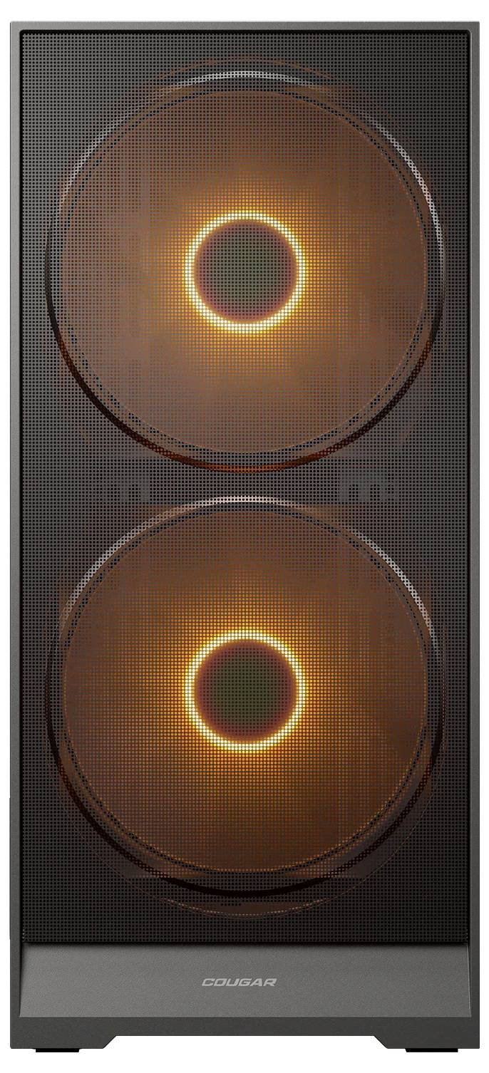 Ein Computergehäuse mit zwei großen, beleuchteten Kühlventilatoren, die vor einem dunklen Hintergrund orange leuchten. Die Ventilatoren sind vertikal ausgerichtet.