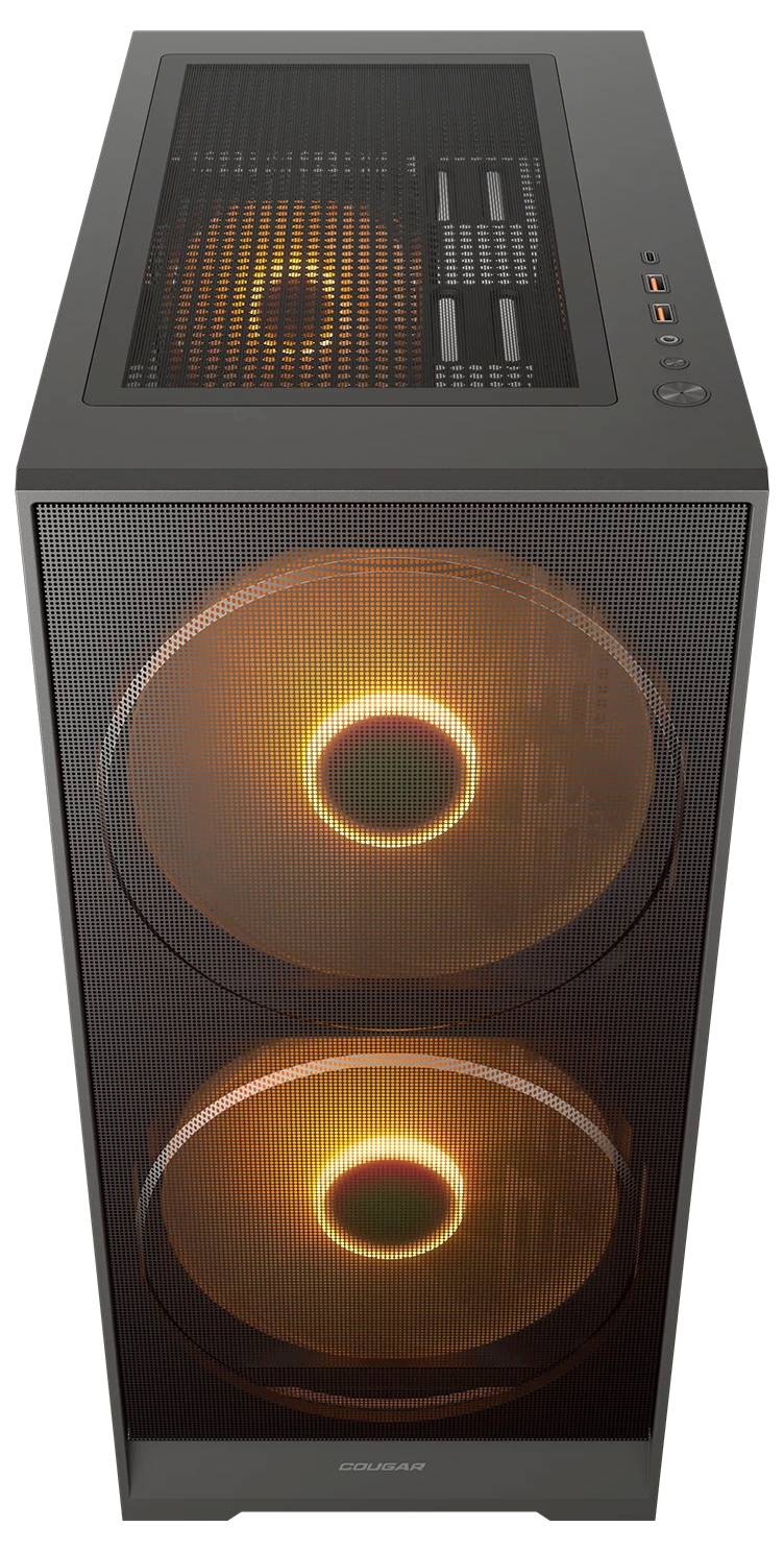 Ein schwarzes Computer-Tower-Gehäuse verfügt über zwei große, beleuchtete Lüfter mit orangefarbenen LED-Lichtern auf der Frontplatte und zusätzliche Anschlüsse und Steuerungen auf der Oberseite.