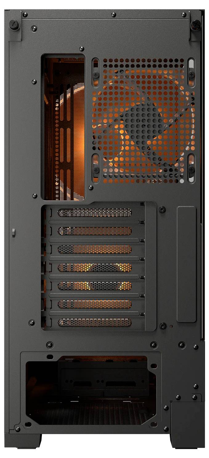 Das Bild zeigt die Rückseite eines Computergehäuses mit mehreren Erweiterungssteckplätzen, einem orange beleuchteten internen Lüfter und Öffnungen für Kabel.