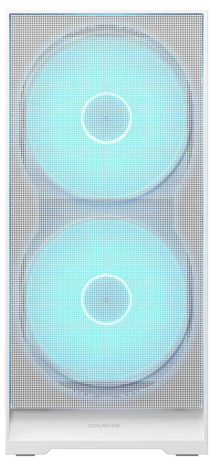 Ein Computergehäuse mit weißem Gitterfront präsentiert zwei große, beleuchtete Lüfter, die ein blaues Leuchten abstrahlen und auf eine optimierte Kühlung hindeuten.