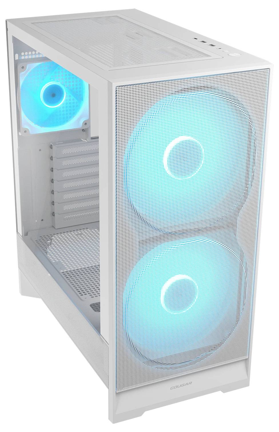 Ein weißes Computergehäuse mit transparenten Seitenwänden und drei leuchtend blauen Lüftern im Inneren, die dessen Kühlsystem präsentieren.