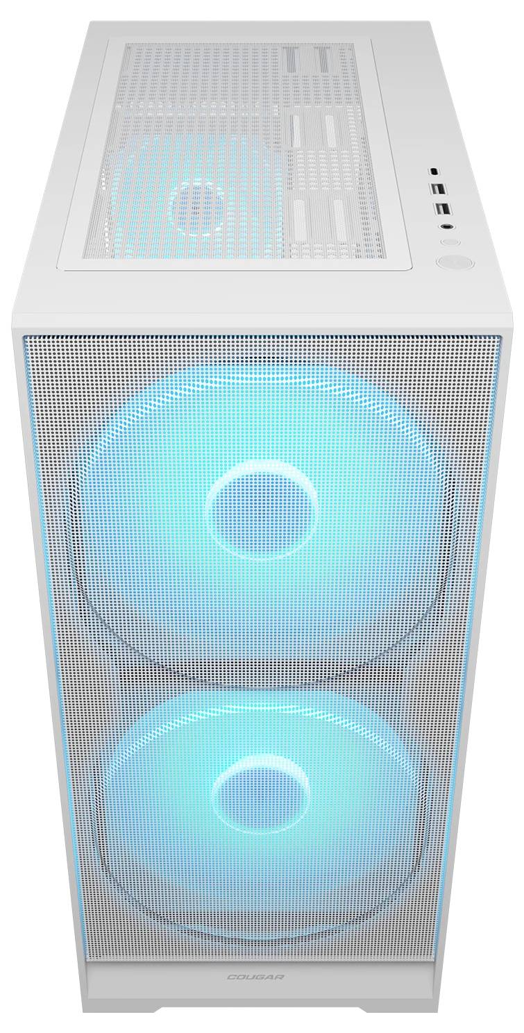 Ein weißes Computergehäuse mit Frontgitter zeigt zwei große, blaue beleuchtete Lüfter, die durch das Meshpanel hindurch sichtbar sind.