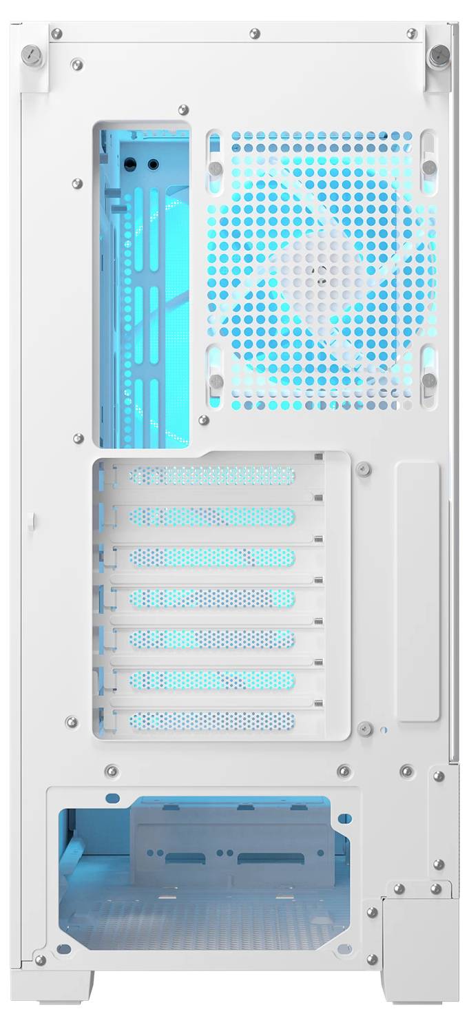Das Bild zeigt die Rückansicht eines weißen Computergehäuses mit mehreren Erweiterungssteckplätzen und einem Kühlventilator mit blauer LED-Beleuchtung.
