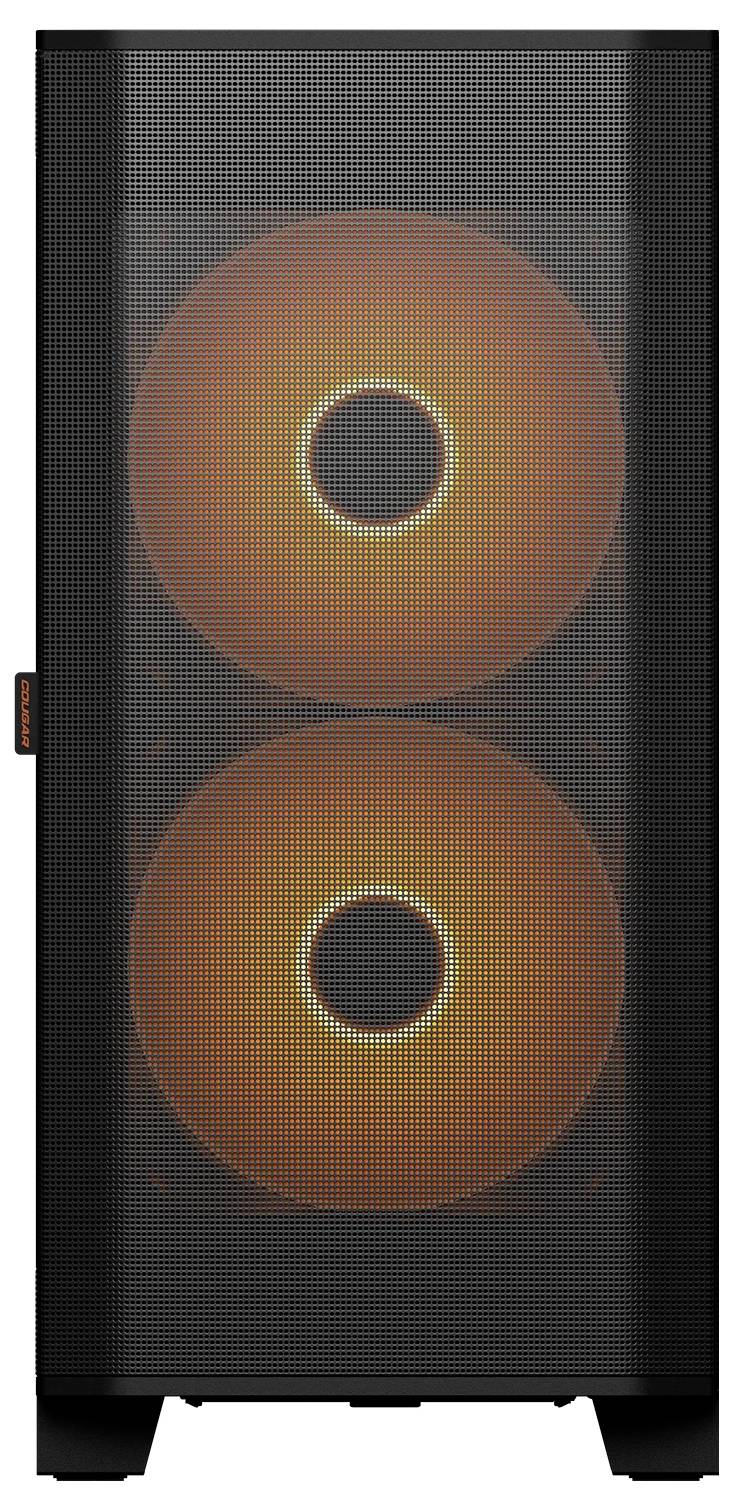 Schwarzes Computergehäuse mit zwei großen, leuchtend orangefarbenen Lüftern an der Vorderseite, die ein futuristisches und effizientes Kühlsystem bieten.