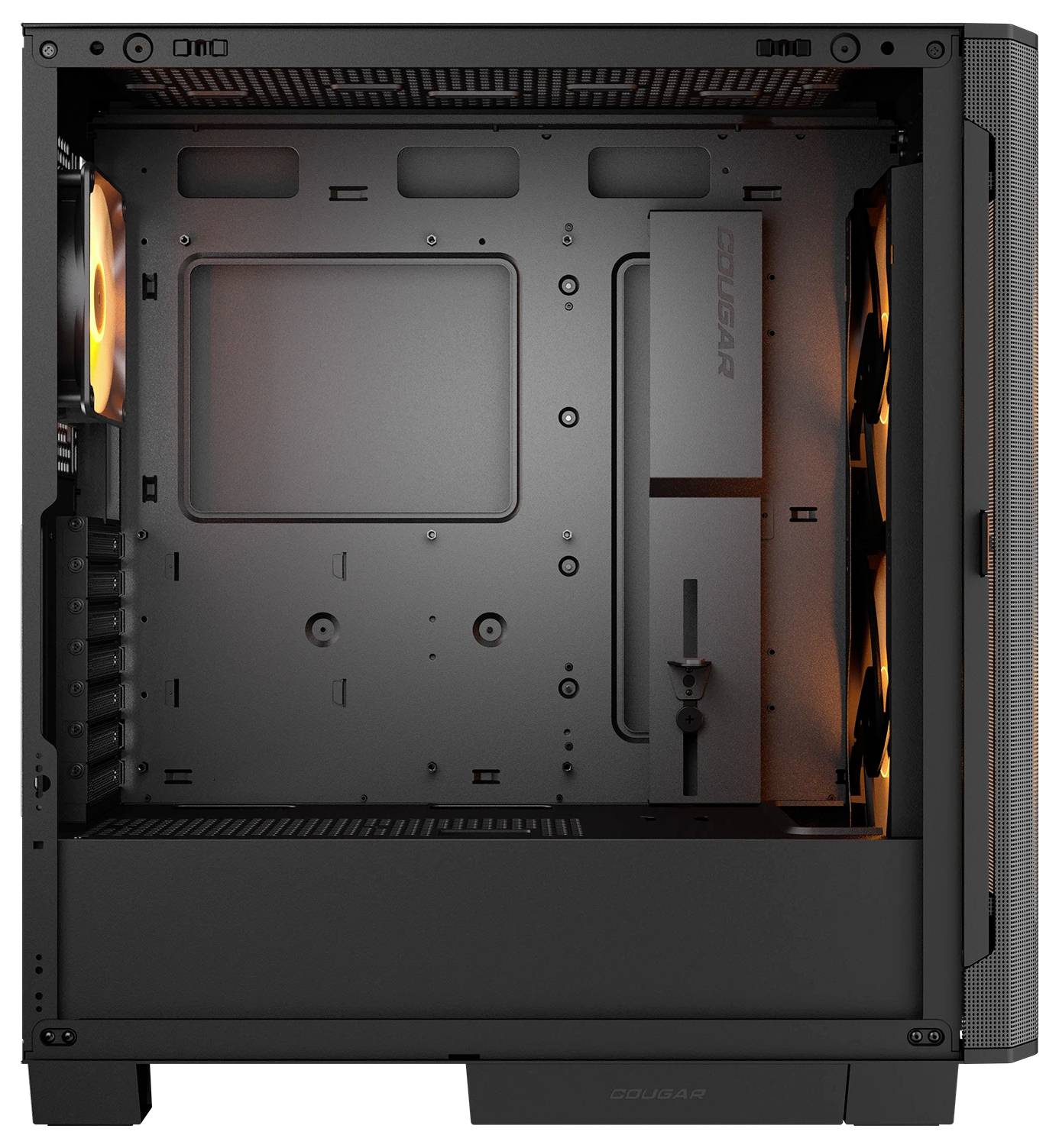 Ein schwarzes Computergehäuse mit orangefarbig beleuchteten Innenventilatoren, durchsichtiger Seitenscheibe und geräumigem Layout für Komponenten, mit Kabelmanagement-Bereichen.