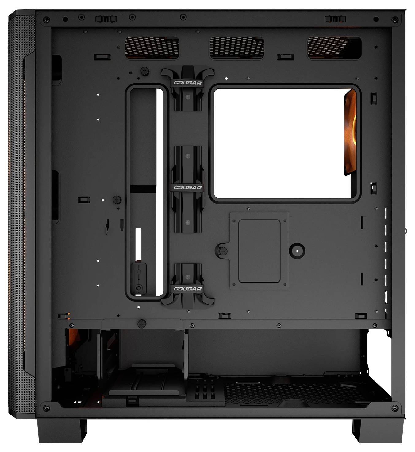 PC-Gehäuse Innenansicht mit leerem Motherboard-Bereich, Kabelmanagement-Bereichen und Lüfter-Montagepunkten.