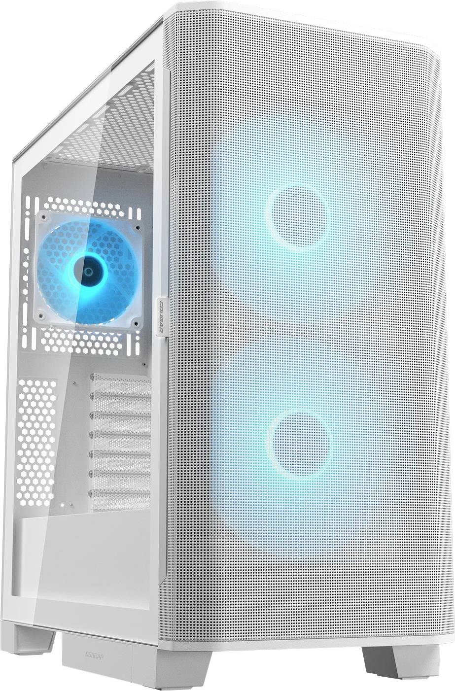 Ein weißer Computertower mit Frontblende aus Maschengewebe und transparenter Seitenwand, der zwei große blau beleuchtete Lüfter vorne und einen kleineren Lüfter hinten sichtbar macht.