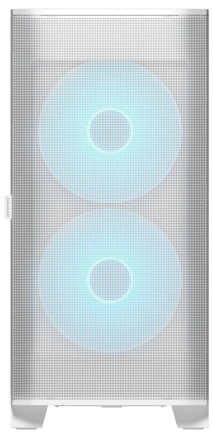 Ein weißes Computergehäuse mit einer Frontblende aus Gitter, das zwei vertikal übereinander angeordnete, leuchtend blaue LED-Lüfter zeigt.