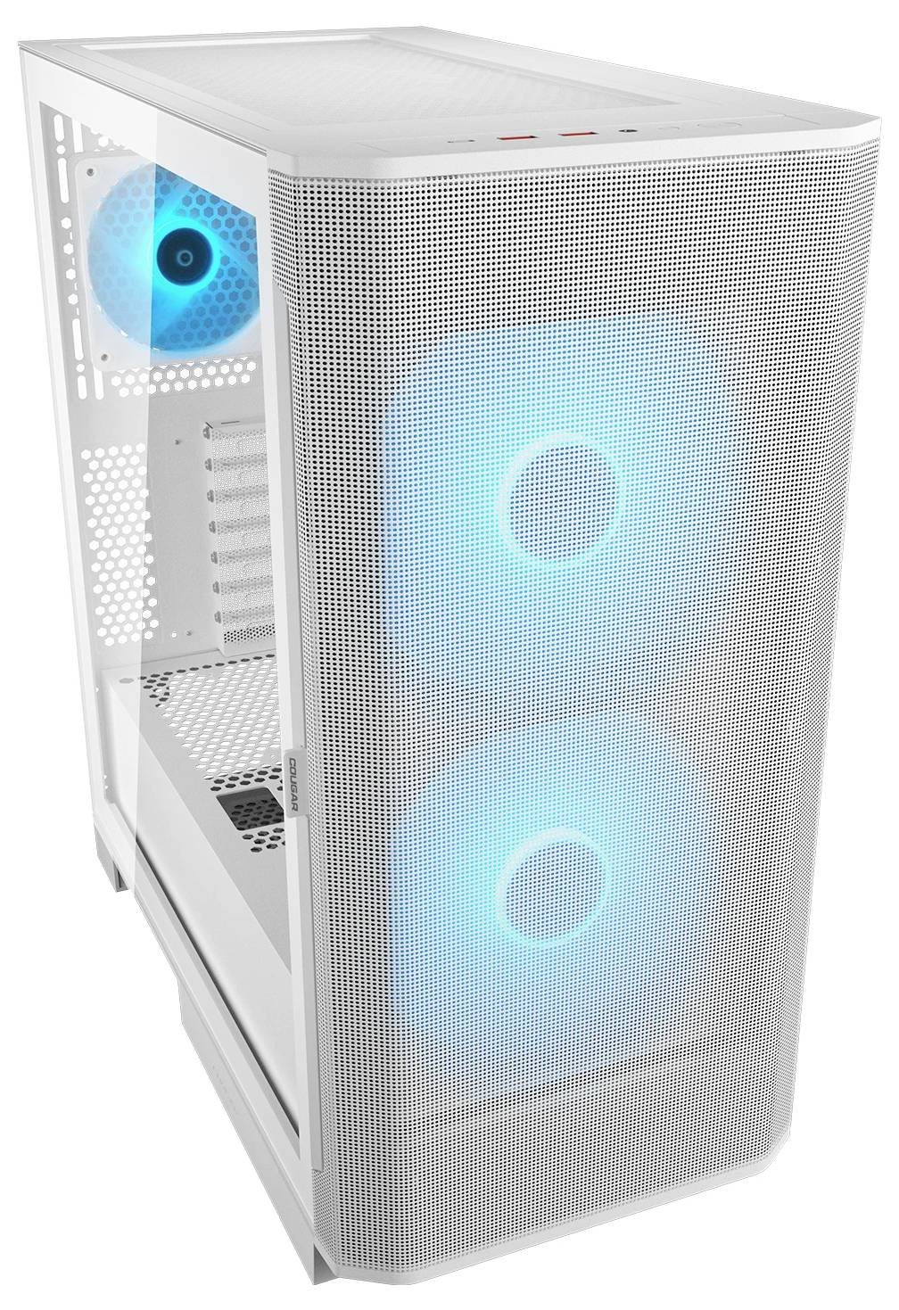 Ein weißer Computertower mit einer Frontblende aus Gittermetall präsentiert zwei große, leuchtend blaue Lüfter, die von vorne sichtbar sind, und einen, der von hinten zu sehen ist.