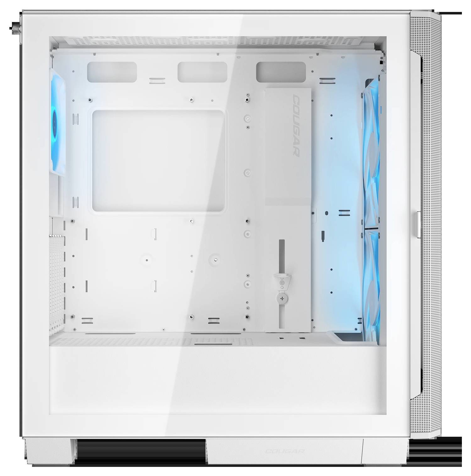 Weißes Computergehäuse mit blauen LED-Lüftern, die seitlich sichtbar sind und eine große transparente Platte zur Einsicht ins Innere aufweisen.