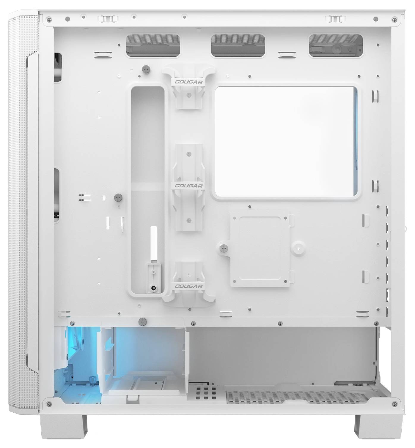 Innenansicht eines weißen Computergehäuses mit geräumigem Layout für Komponenten, einschließlich Steckplätzen für eine Grafikkarte, Kühlsystem und Speichermedien.