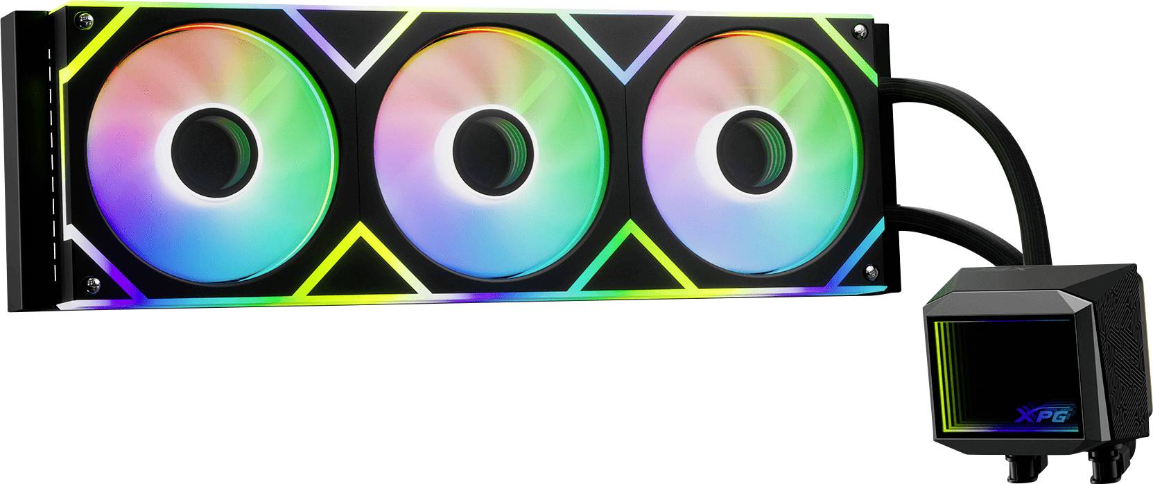 Asetek-Kühlgerät mit drei RGB-Lüftern auf einem rechteckigen Kühler und angeschlossener Pumpeneinheit.