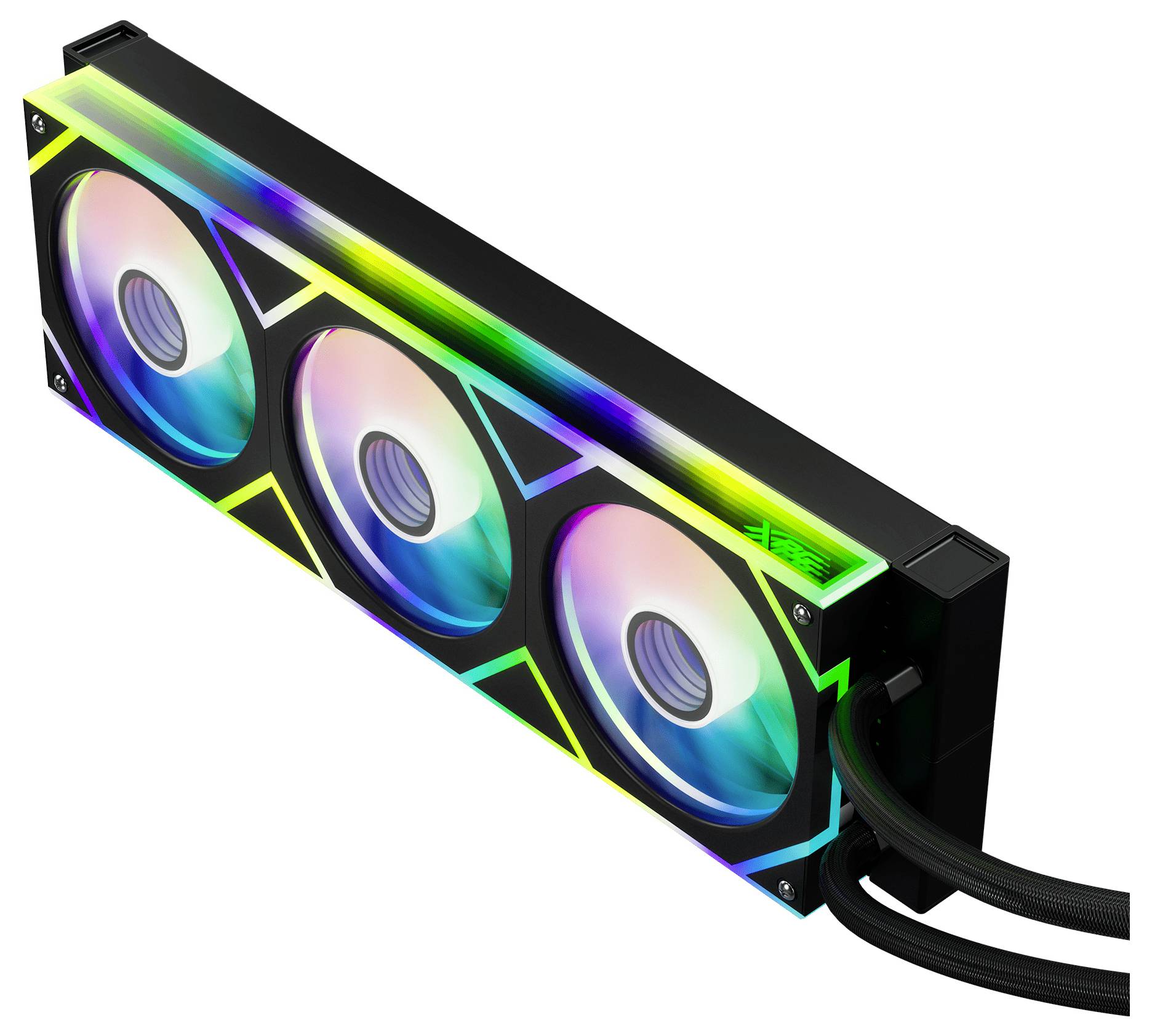 Ein RGB-Flüssigkeitskühlsystem für einen Computer mit drei beleuchteten Lüftern, das farbenfrohe Lichteffekte präsentiert und für eine effiziente Kühlung ausgelegt ist.