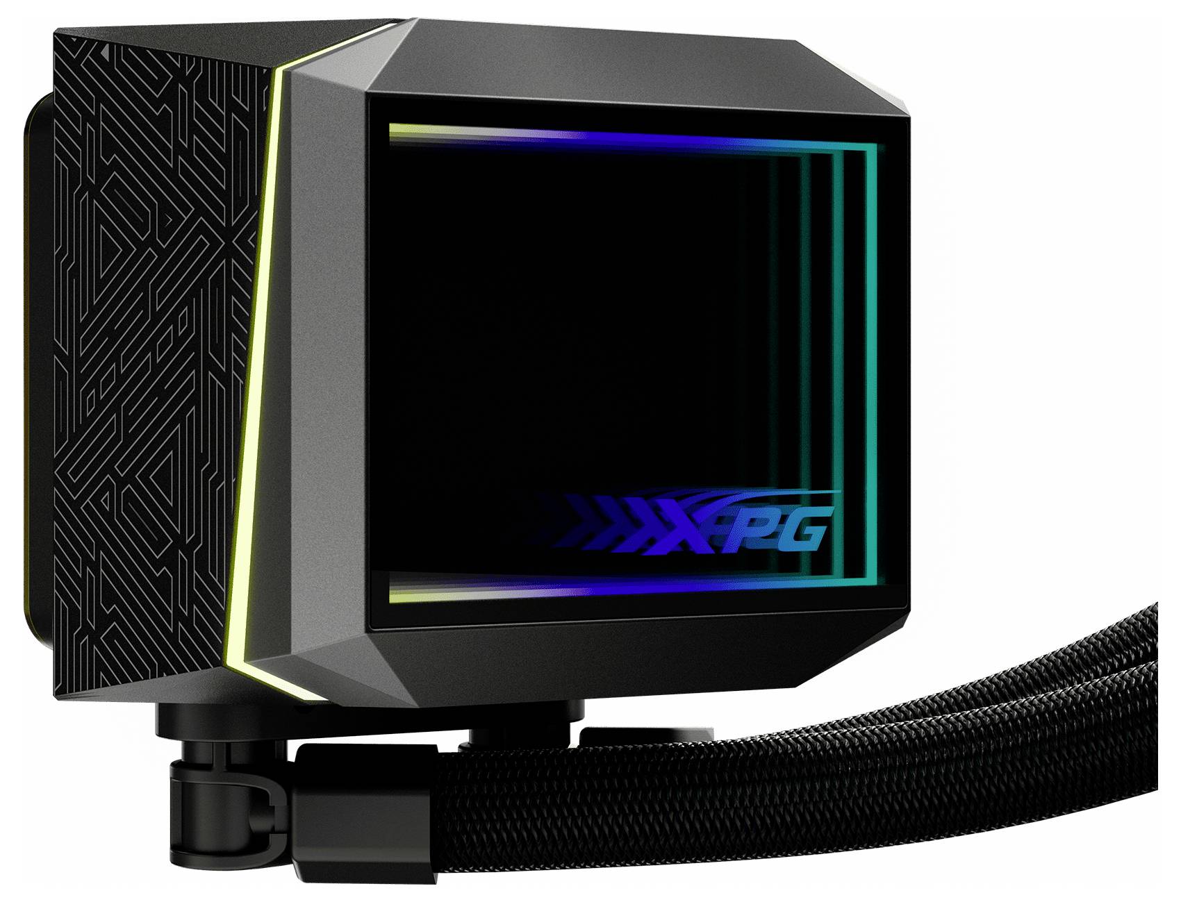 Ein schlankes Computer-Flüssigkühlsystem mit geometrischem Design, ausgestattet mit LED-beleuchteten Kanten und dem markanten 'XPG' Logo auf der Vorderseite.