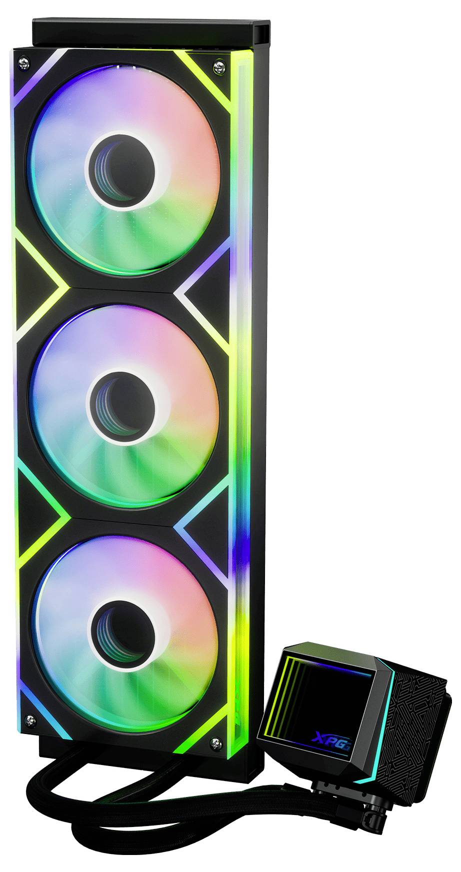 Ein vertikales RGB-Flüssigkühlsystem für einen Computer mit drei beleuchteten Lüftern und einer eleganten Steuerungseinheit an der Seite.