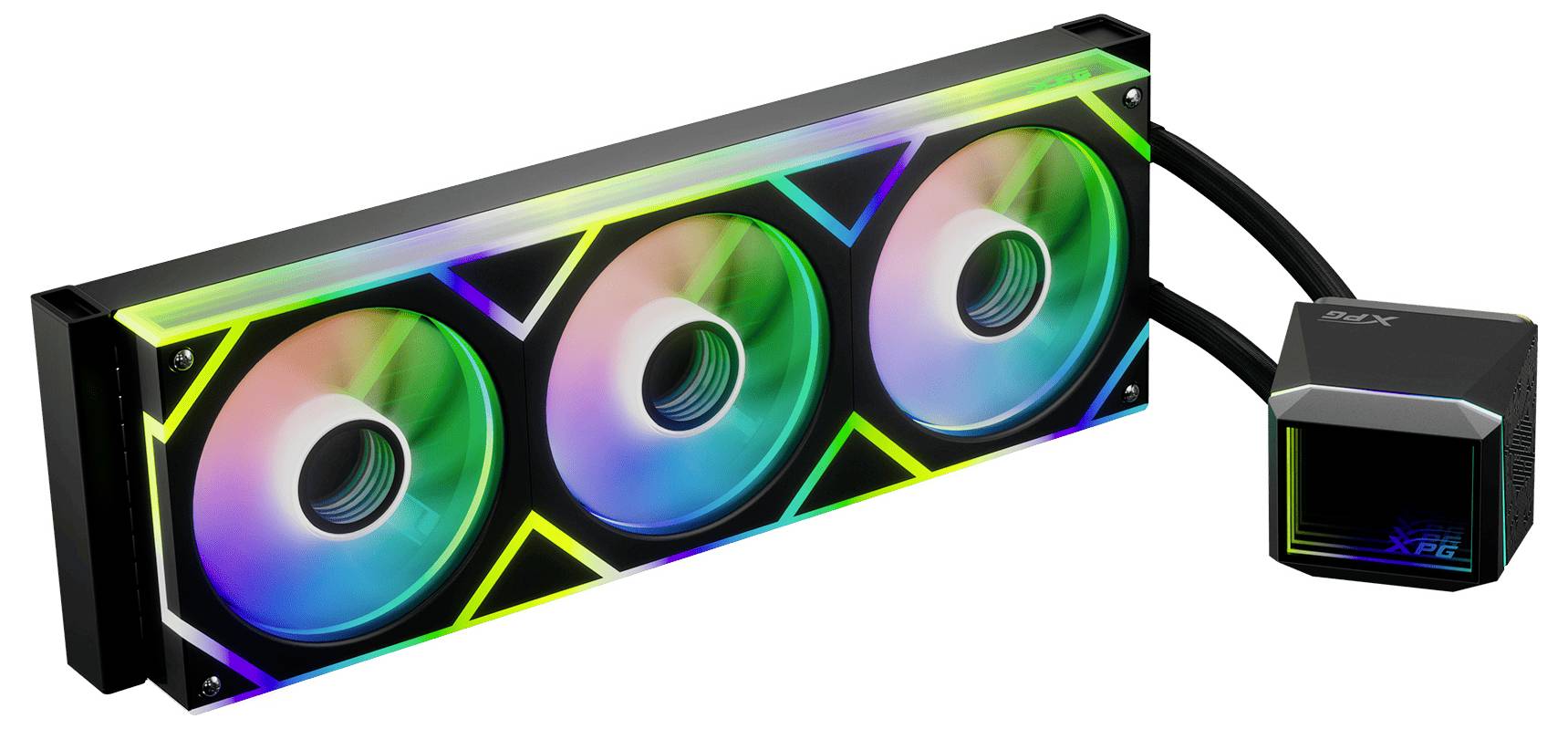 Ein Flüssigkühlsystem mit drei RGB-beleuchteten Lüftern und einem Kühlblock mit Kabeln, entwickelt für eine effiziente Kühlung von Computerkomponenten.