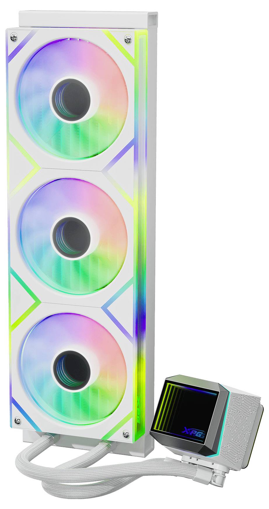 Ein vertikales Kühlsystem mit drei RGB-beleuchteten Lüftern und einem digitalen Display an einer angeschlossenen Komponente, das die XPG-Markenbezeichnung zeigt.