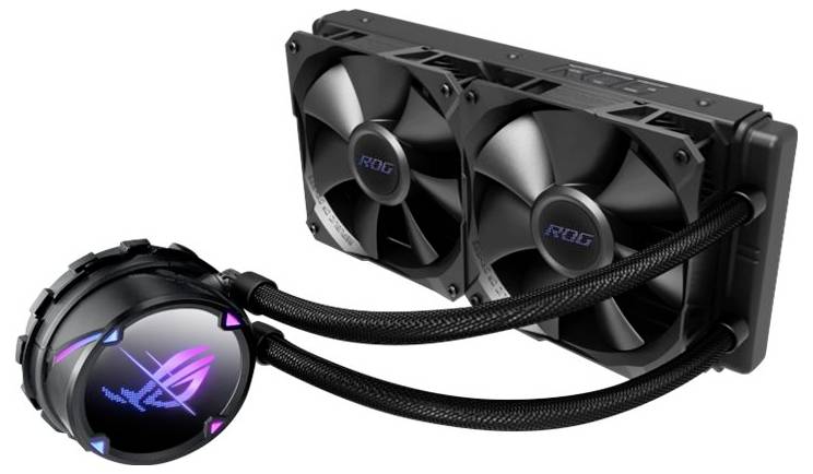 Ein Flüssigkühlsystem für Computer mit zwei Lüftern und einer runden Pumpe mit RGB-Beleuchtung, konzipiert für effiziente Wärmeableitung.