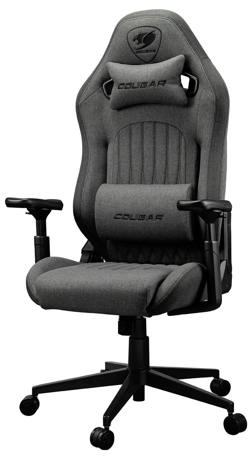 Ein grauer ergonomischer Bürostuhl mit verstellbaren Armlehnen und Lordosenstütze, der auf Komfort ausgelegt ist, auf einer schwarzen Fünffuß-Basis.