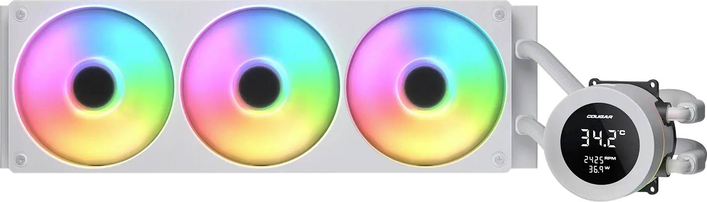 RGB-Flüssigkeitskühlsystem mit drei Lüftern und einem digitalen Display, das Temperaturen von 34,2°C, 24,6°C und 36,8°C anzeigt.