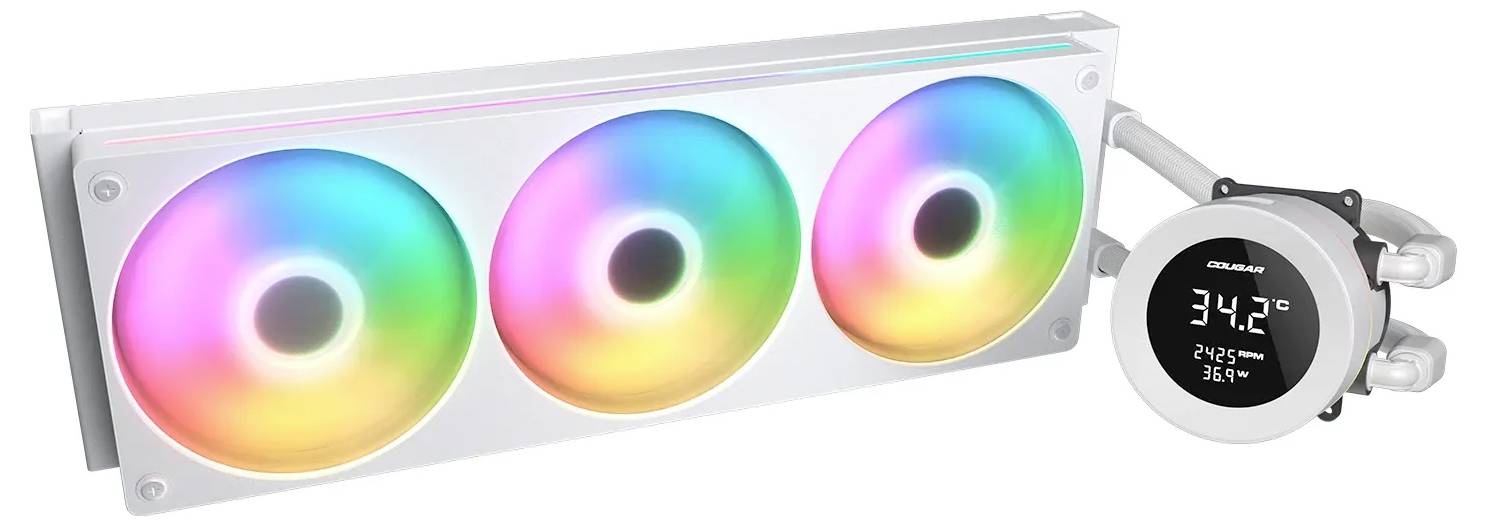 Ein weißes Computerkühsystem mit drei bunten LED-Lüftern und einem digitalen Display, das eine Temperatur von 34,2°C anzeigt.