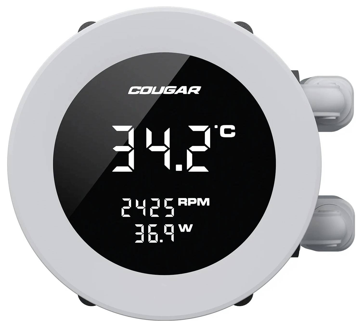 Digitale Anzeige mit der Marke 'COUGAR'. Zeigt 34,2°C Temperatur, 2425 U/min und 36,9 Watt. Kreisförmiges Gerät mit weißem Rahmen.