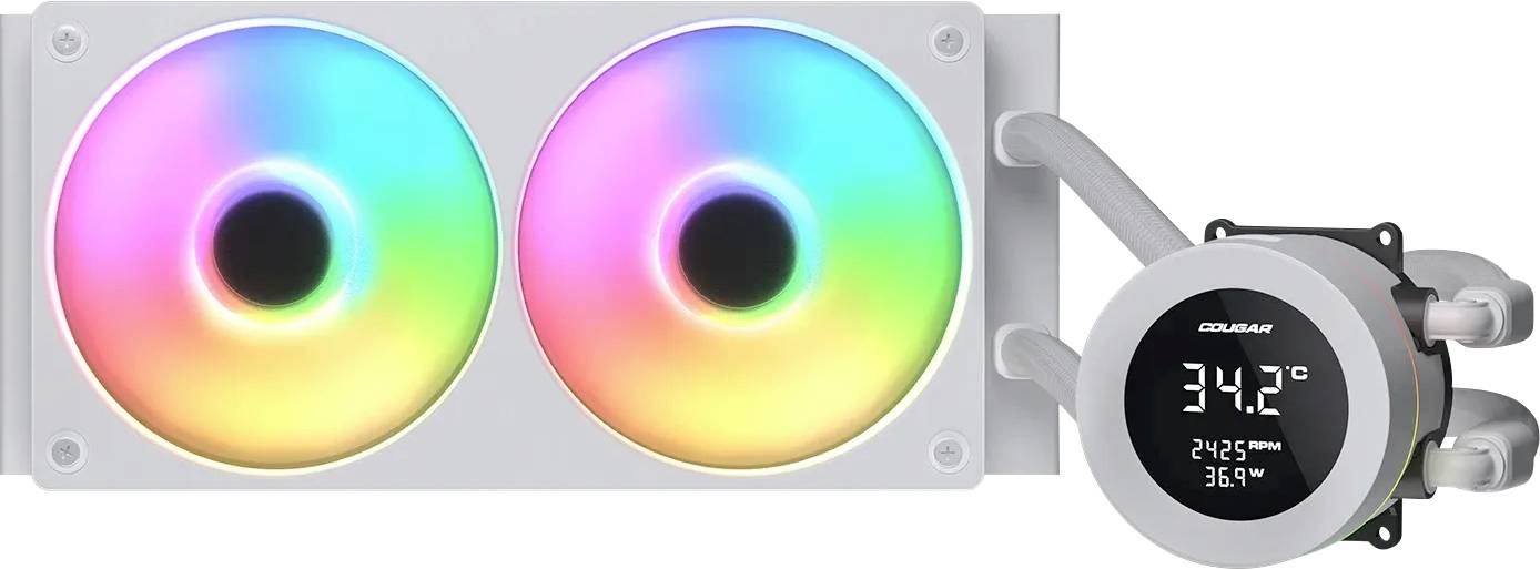 Computerkühllüfter mit zwei LED-beleuchteten Kreisluftgebläsen, die Regenbogenfarben darstellen, angeschlossen an einen Temperaturmonitor, der '34,2°C' anzeigt.