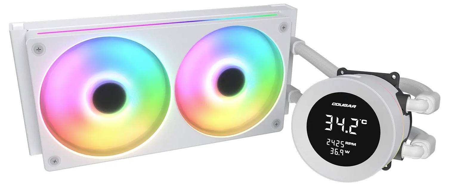 Doppellüfter-CPU-Kühlsystem mit RGB-Beleuchtung und digitalem Display, das Temperatur mit 34,2°C, 2425 U/min und 36,9% Lüfterdrehzahl anzeigt.