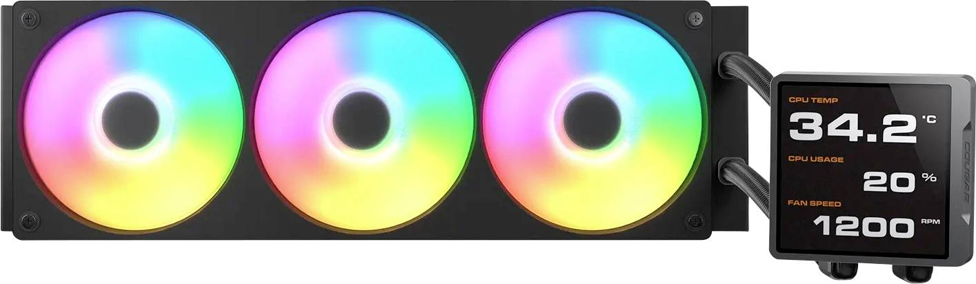 Ein Computer-Kühlsystem verfügt über drei kreisförmige RGB-Lüfter mit einem Monitor, der eine CPU-Temperatur von 34,2°C, eine Auslastung von 20% und eine Lüfterdrehzahl von 1200 U/min anzeigt.