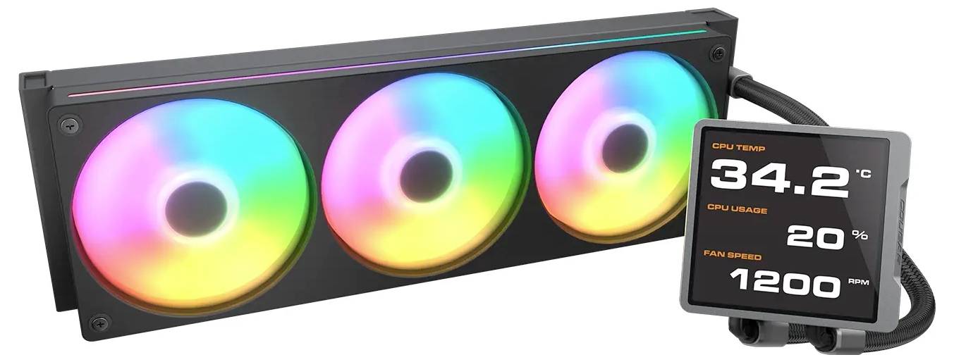 Ein Computerkühler mit drei RGB-Lüftern und einem digitalen Display, das 'CPU-Temp: 34,2°C, CPU-Auslastung: 20%, Lüfterdrehzahl: 1200 U/min' anzeigt.
