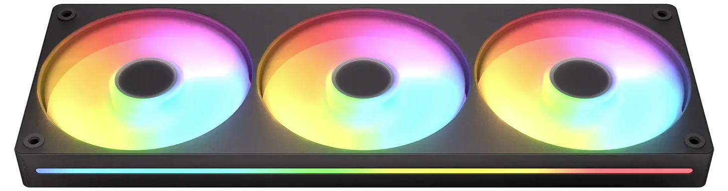 Ein rechteckiges RGB-LED-Computerkühllüfter-System mit drei Lüftern, die in einem Regenbogenfarben-Muster beleuchtet sind, in einem schwarzen Rahmen gehaust.