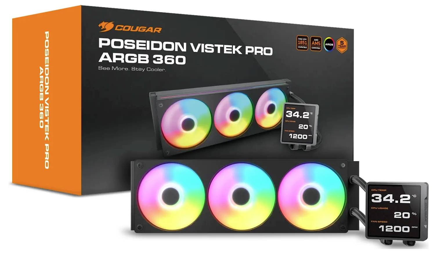 Cougar Poseidon Vistek Pro ARGB 360 Kühler mit drei RGB-Lüftern und einem Display, das '34,2°C' Temperatur und '1200 U/min' Geschwindigkeit anzeigt.