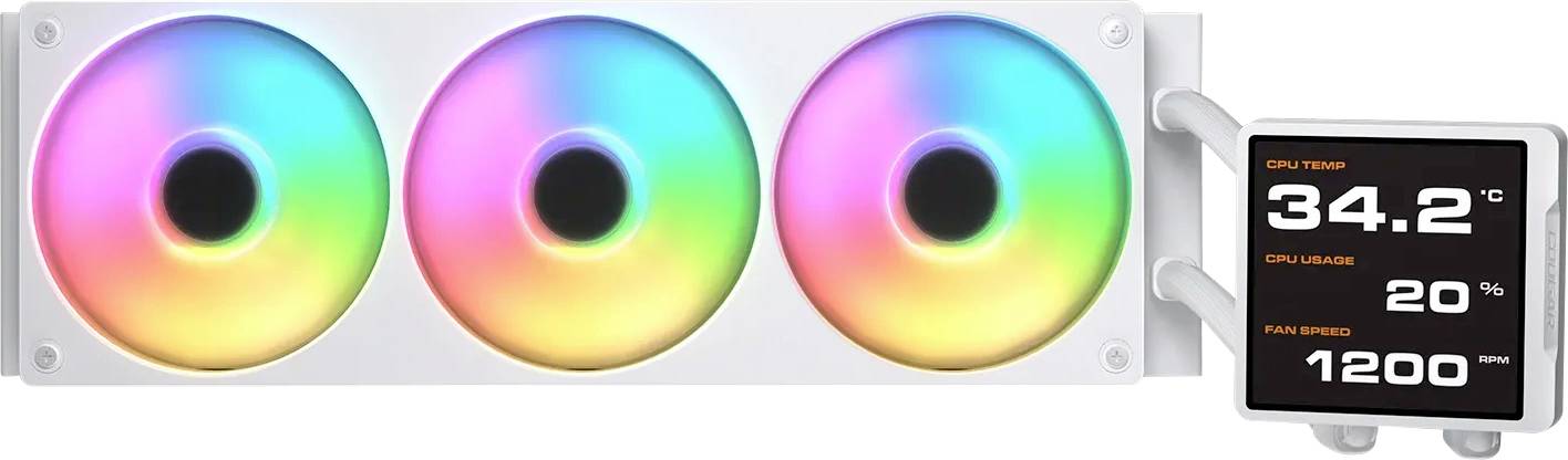 Drei Kühlventilatoren mit Regenbogenbeleuchtung und einer digitalen Anzeige mit den Werten 'CPU-Temperatur: 34,2°C', 'CPU-Auslastung: 20%', 'Lüfterdrehzahl: 1200 U/min'.