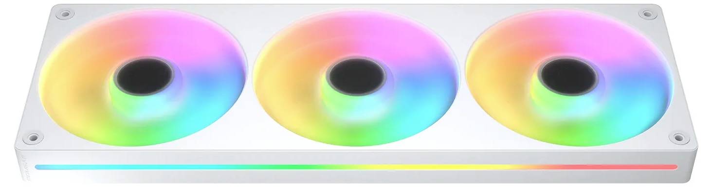 Ein Computer-Lüfterblock mit drei kreisförmigen RGB-beleuchteten Lüftern, die auf einem schlanken, rechteckigen weißen Gehäuse ein Farbspektrum darstellen.