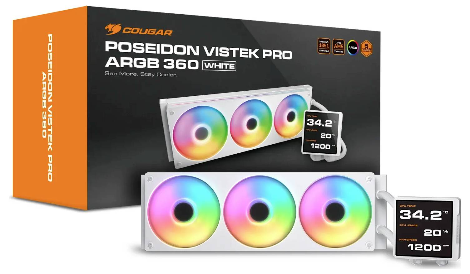 'Cougar Poseidon Vistek Pro ARGB 360 White' Kühlerset mit drei farbenfrohen rotierenden Lüftern und einem Display, das '34,2°' und '1200' anzeigt.