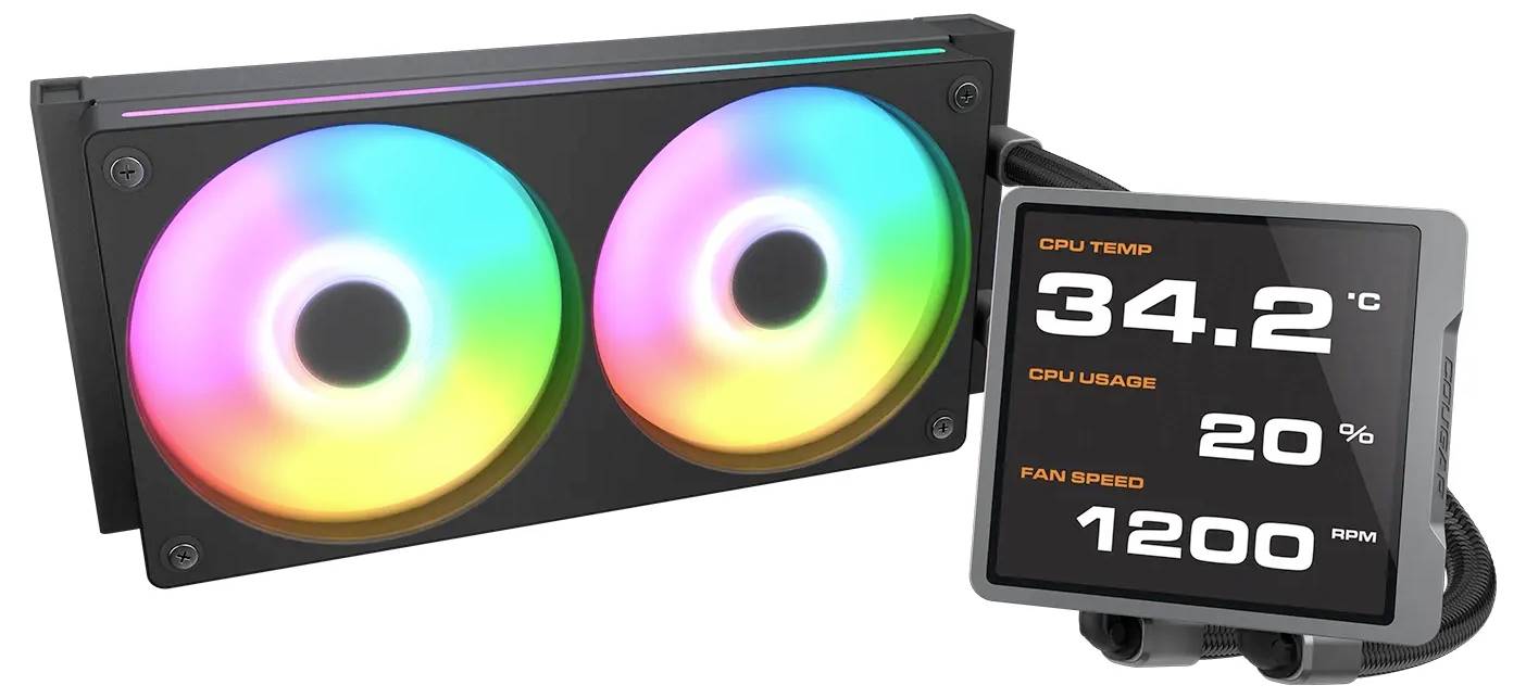 Ein Flüssigkeitskühler für die CPU mit zwei RGB-Lüftern und einem digitalen Display, das die CPU-Temperatur mit 34,2 °C, die Auslastung mit 20 % und die Lüfterdrehzahl mit 1.200 U/min anzeigt.