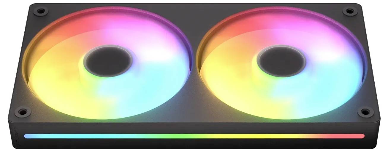 Ein Computergehäuselüfter mit bunter RGB-Beleuchtung, der zwei große runde Lüfter zeigt, die einen Regenbogen von Farben ausstrahlen.