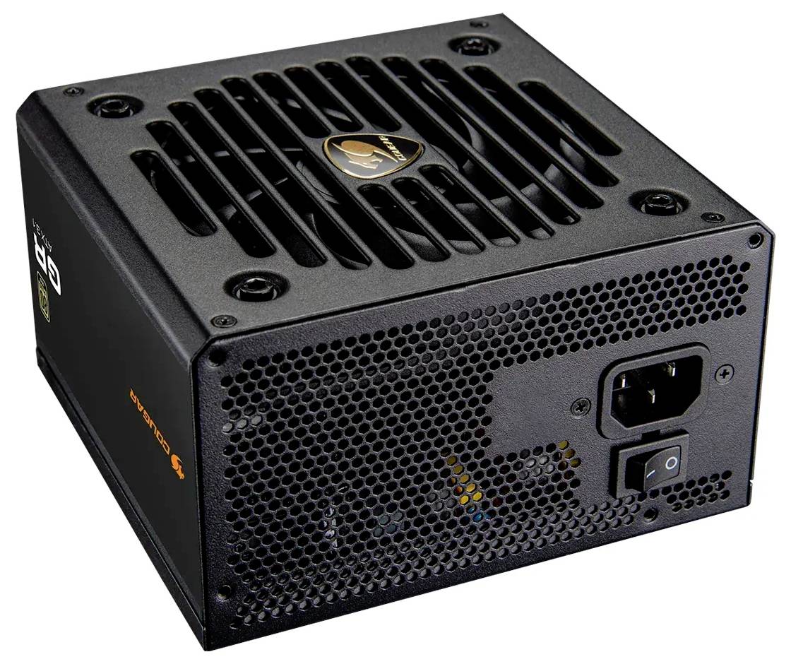 Eine schwarze Computer-Netzteileinheit mit Lüftungsgitter, Netzschalter und Anschluss für das Netzkabel. Das Markenlogo ist auf der Oberseite sichtbar.