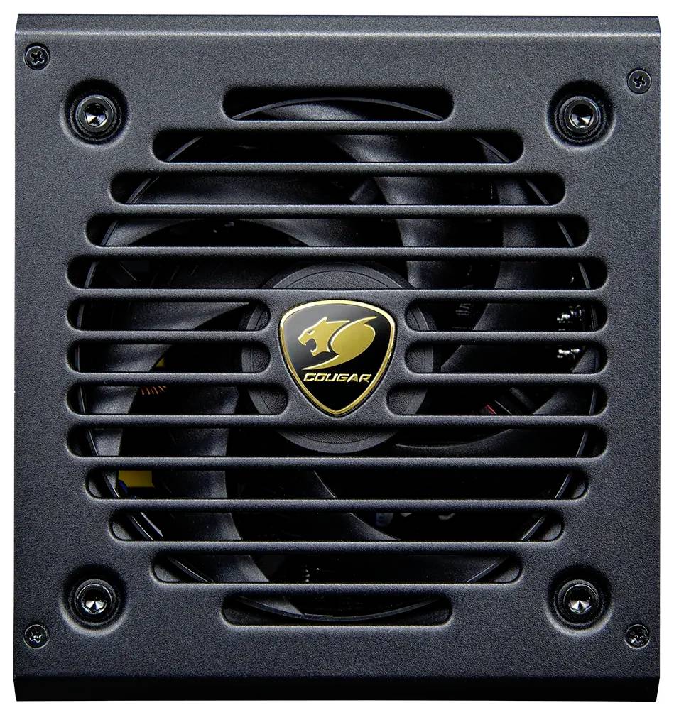 Ein quadratisches Computer-Netzteil mit einem zentralen Kühlventilator. Die Lüftungsöffnung zeigt ein Logo mit einem goldenen Puma-Bild und Text.