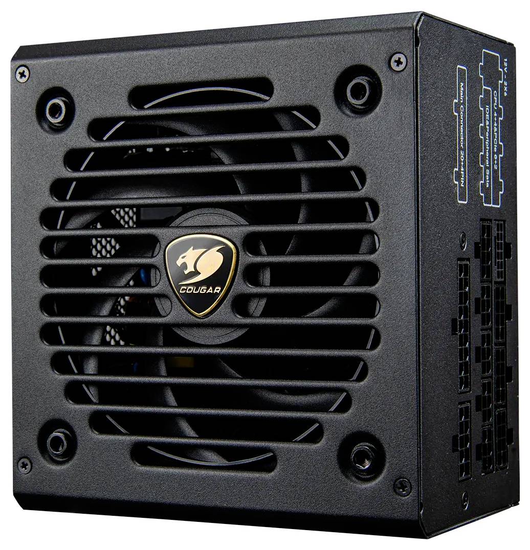 Eine schwarze Computer-Stromversorgungseinheit mit einem Lüfter, die ein Logo auf dem Gitter und mehrere Anschlüsse an der Seite für verschiedene Kabel aufweist.
