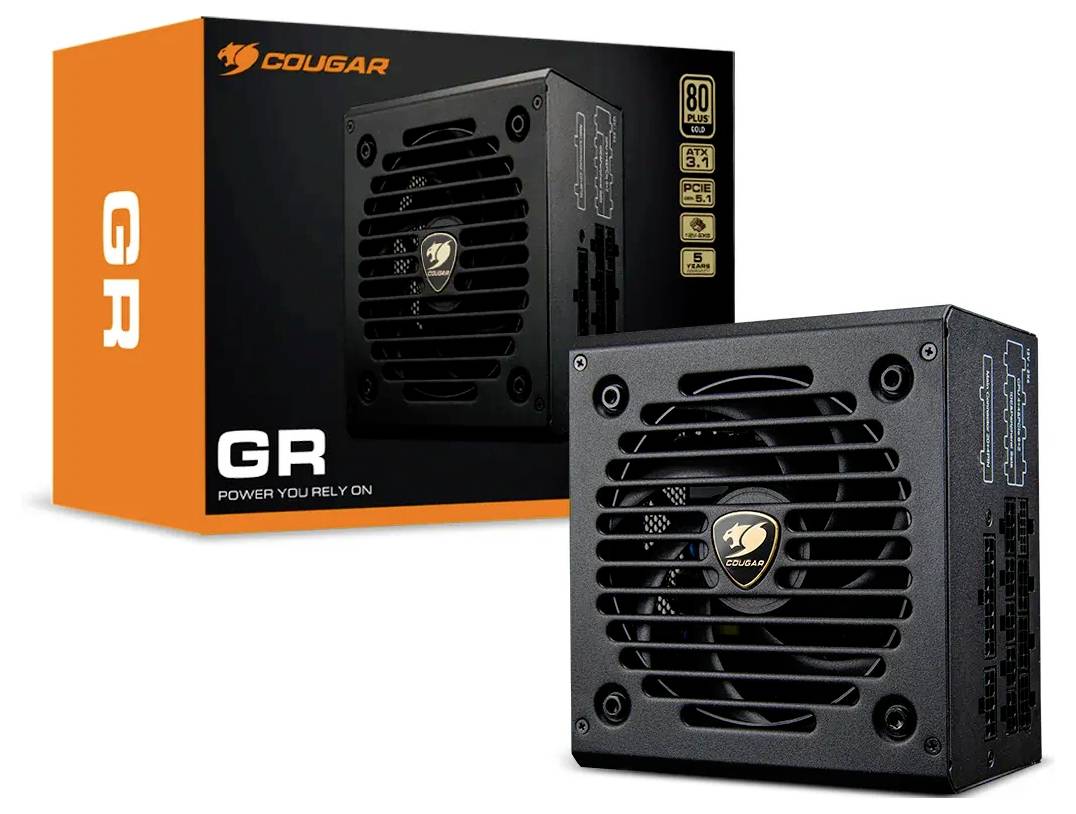 'Cougar GR' Netzteil mit Lüftungsöffnung wird neben seiner Verpackung präsentiert. Die Verpackung hebt die 80-Plus-Zertifizierung und wichtige Merkmale hervor.
