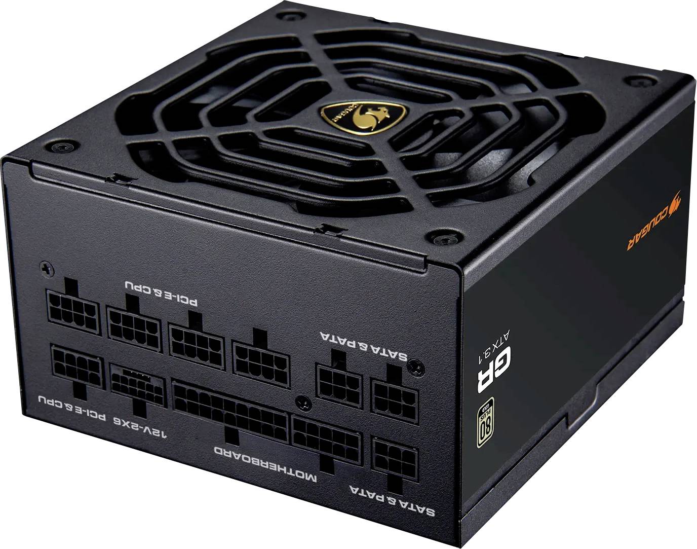 Ein schwarzes Computer-Netzteil mit sichtbarem Lüfter auf der Oberseite, mit mehreren Anschlüssen, die für CPU-, SATA- und Mainboard-Verbindungen beschriftet sind.