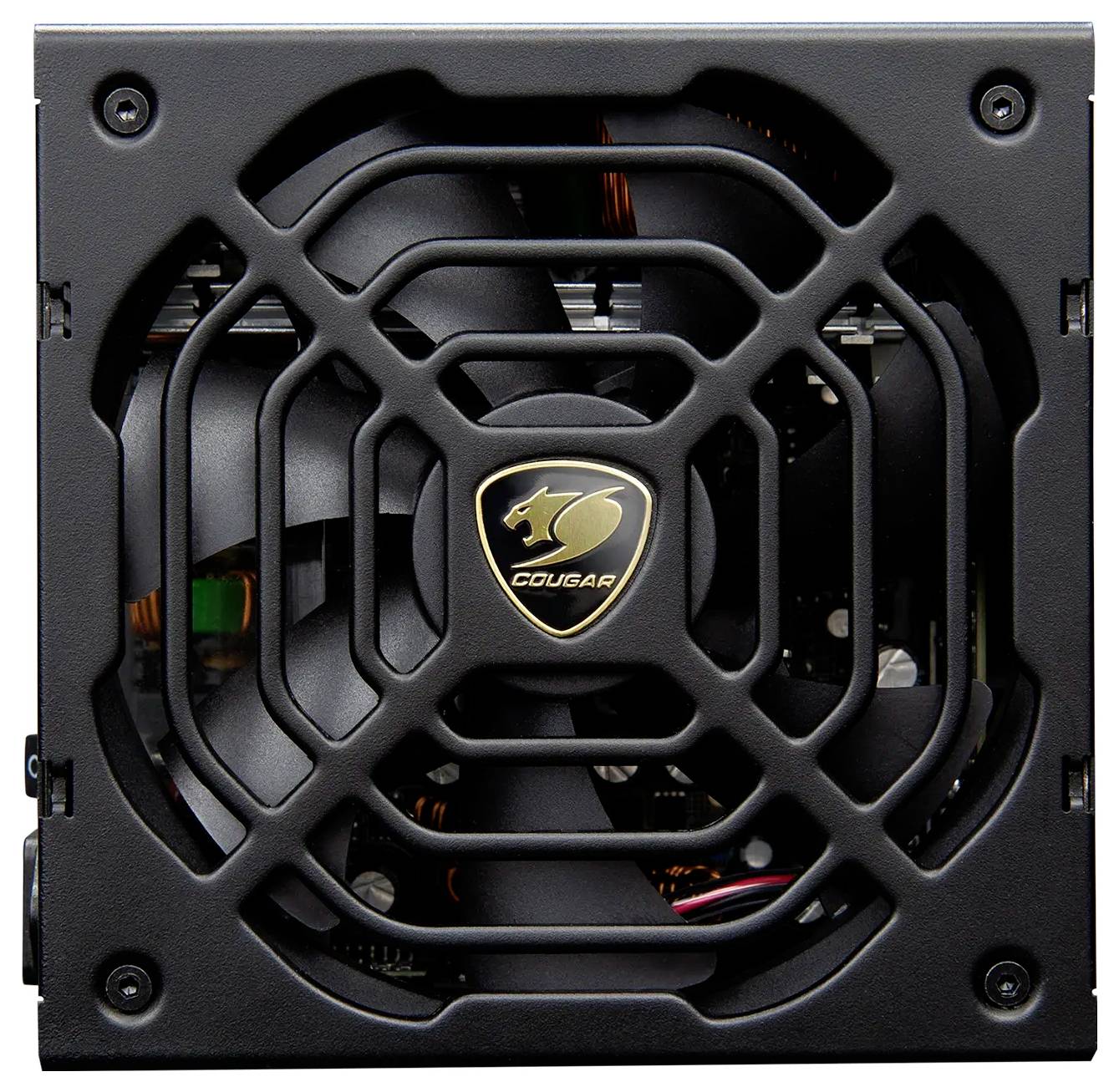 Eine schwarze Computer-Netzteileinheit mit einem Lüfter, der von einem Schutzgitter verdeckt wird. Das Logo 'Cougar' ist in der Mitte zu sehen.