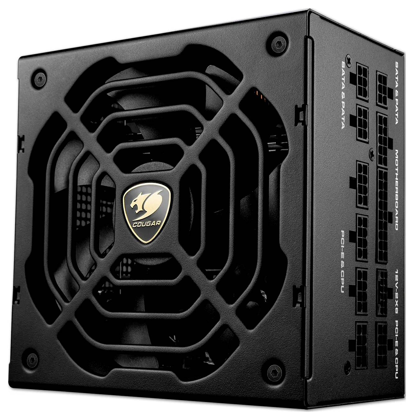 Das Bild zeigt ein schwarzes Cougar-Netzteil, das einen montierten Lüfter mit Sicherheitsgitter und mehreren Anschlussslots aufweist.