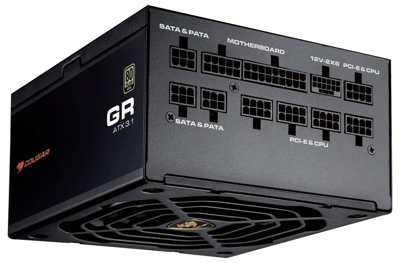 Ein schwarzes ATX 3.1 Computer-Netzteil mit mehreren beschrifteten Anschlüssen für SATA, PATA, Motherboard, PCI-E und CPU, mit der Bezeichnung 'Cougar'.